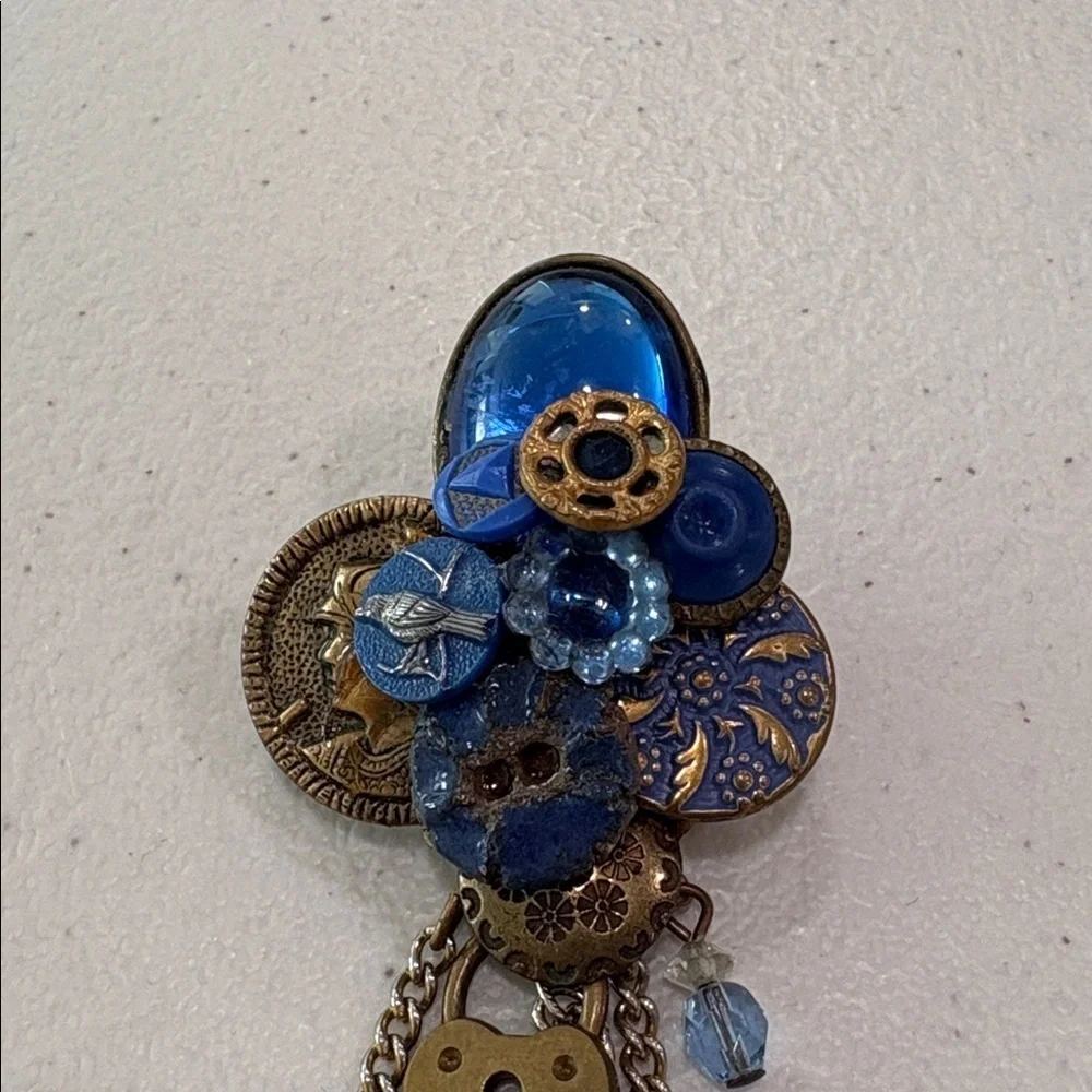 Vintage Glass & Metal Button Brooch with charms—BEAUTIFUL! Glass Beads—Artisan